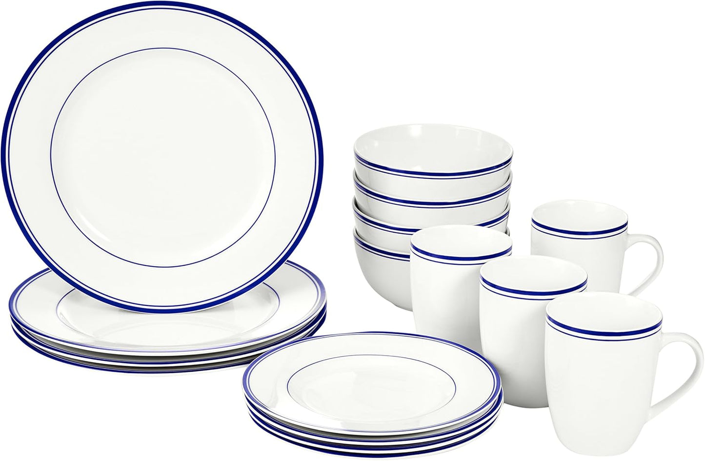 Amazon Basics 16-Piece Cafe Stripe Dinnerware Set, Microwave and Dishwasher Safe, Plates, Bowls, Mugs, Service for 4, Blue