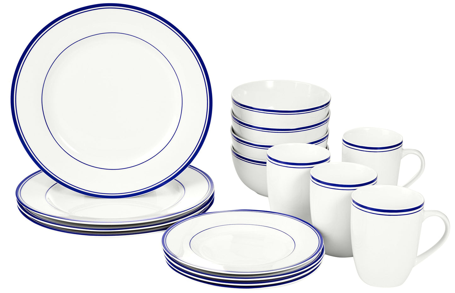 Amazon Basics 16-Piece Cafe Stripe Dinnerware Set, Microwave and Dishwasher Safe, Plates, Bowls, Mugs, Service for 4, Blue