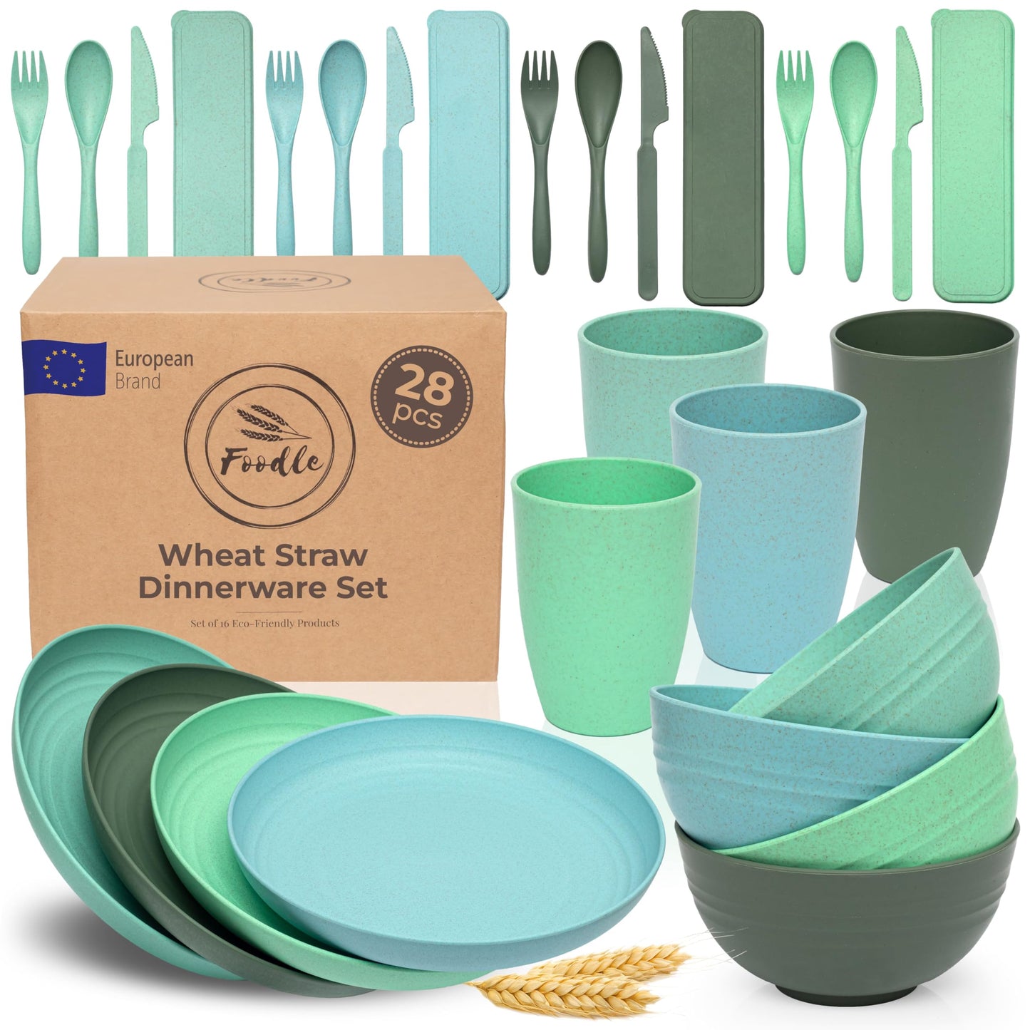 FOODLE Wheat Straw Dinnerware Set - BPA Free & Safety Tested - Dishwasher & Microwave Safe - Toddler & Kids Plates and Bowls Sets - Plastic Plates Reusable - Perfect for RV, Camping Dishes - For 4