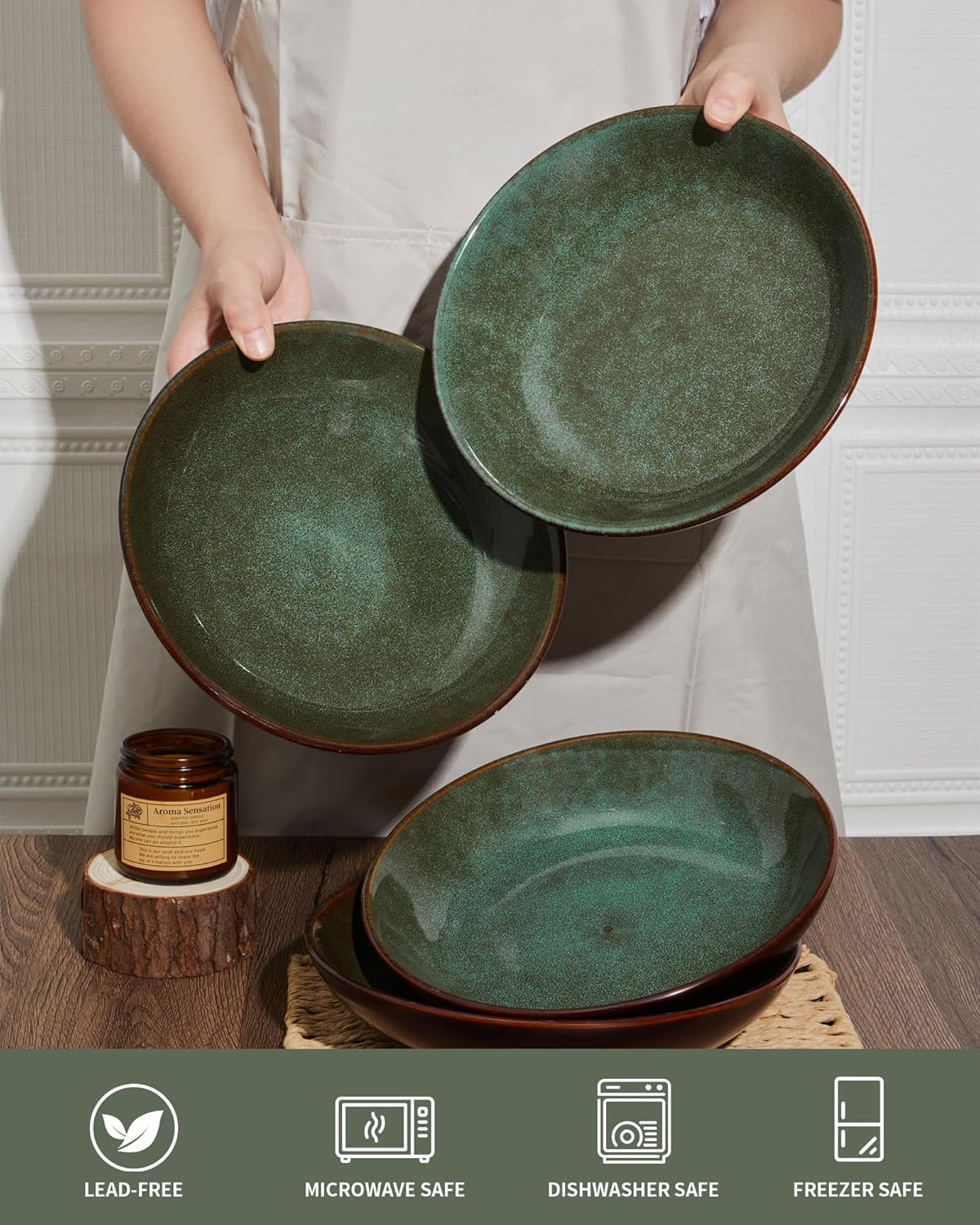 Pokini 8.75 Inch Large Ceramic Pasta Bowls, 32 Oz Reactive Glaze Stoneware Pasta Serving Bowls Set of 4 for Kitchen, Wide Bowls for Fruit,Pasta,Salad,Soup, Scratch Resistant-Brown and Green
