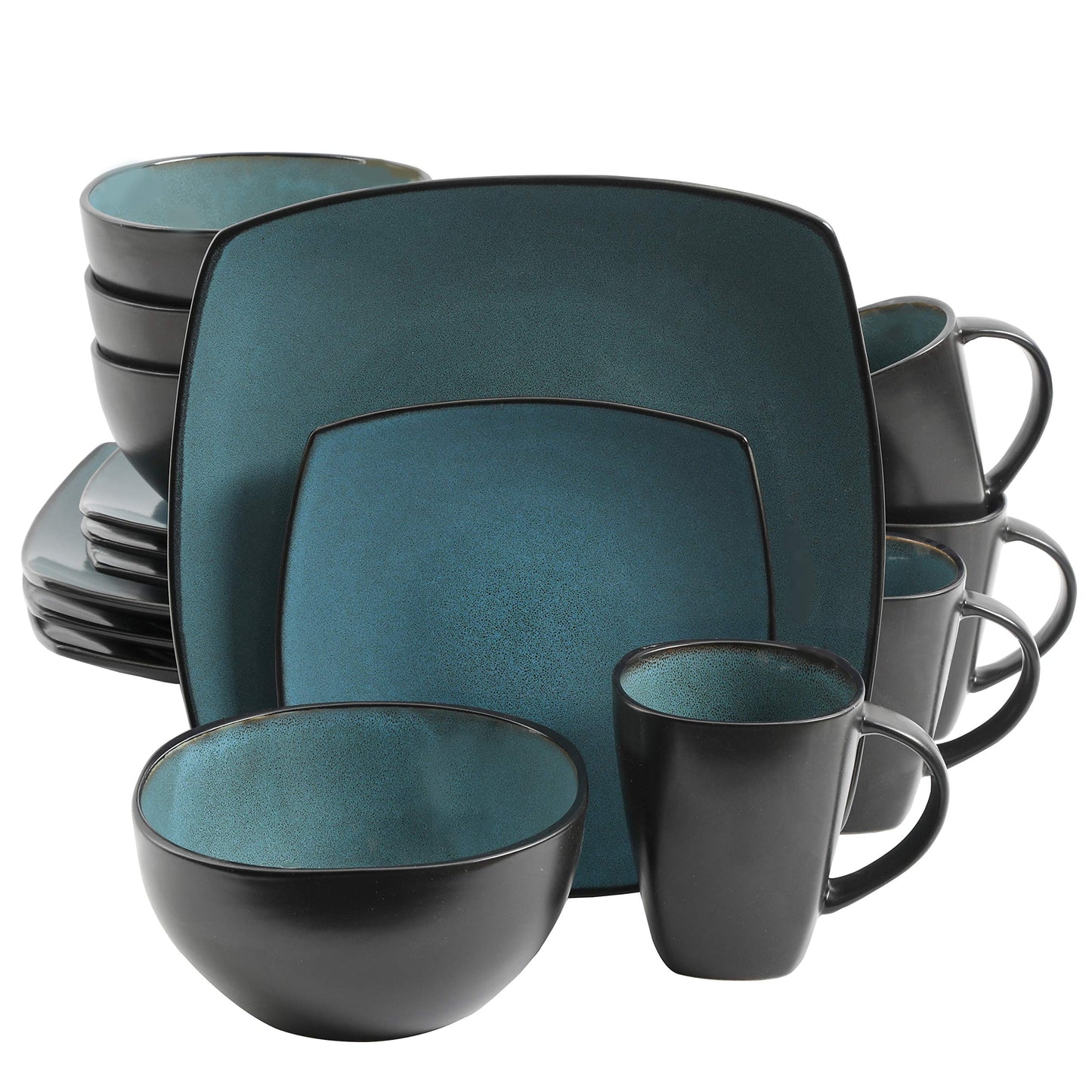 Gibson Elite Soho Lounge Square 16-Piece Dinnerware Set, Service for 4, Reactive Glaze Stoneware Plates and Bowls, Modern Dishes, Microwave & Dishwasher Safe – Red and Black