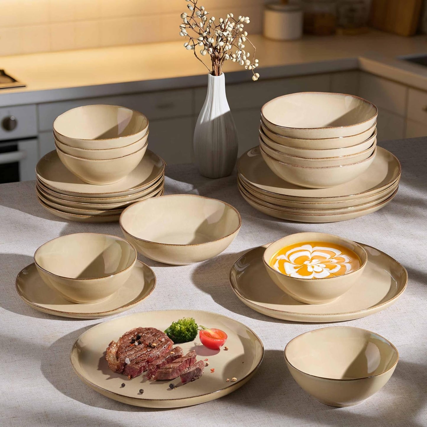 Herogo 12pcs Stoneware Dinnerware Sets for 4, Irregular Handmade Dinner Plates and Bowls, Kitchen Dining Dish Dishware Set, Microwave & Dishwasher Safe, Cream Khaki