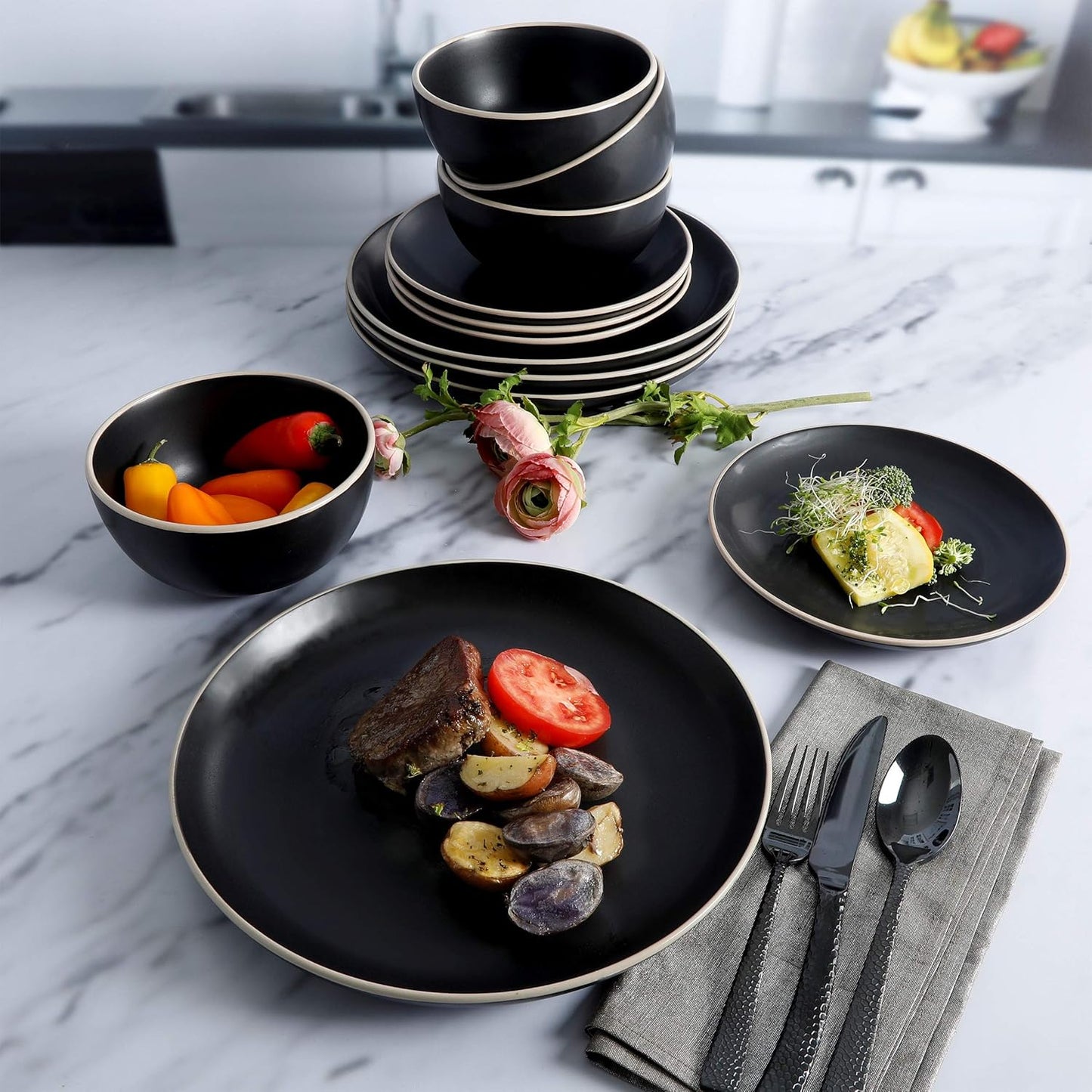 Gibson Home Rockaway 12-Piece Stoneware Dinnerware Set, Service for 4 – Modern Round Plates and Bowls, Dishwasher & Microwave Safe, Black
