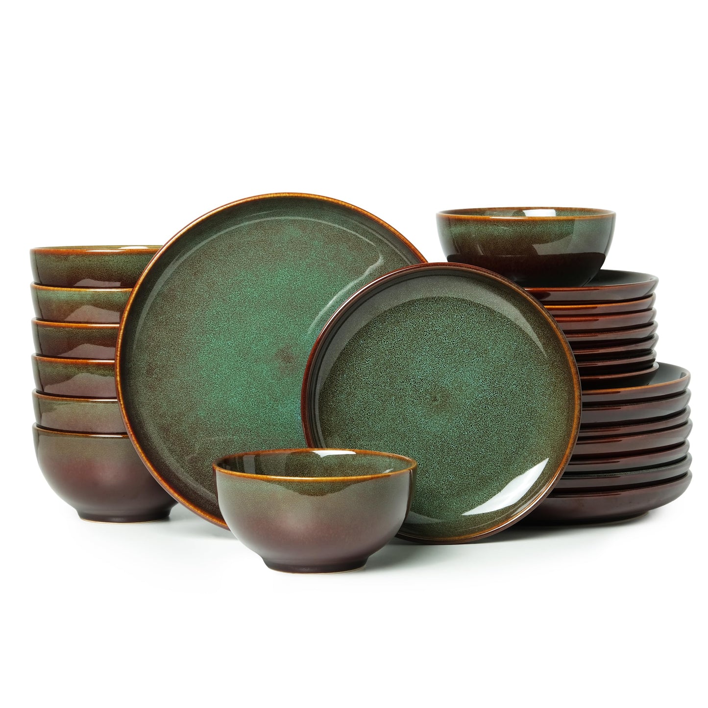 Pokini Stoneware Dinnerware Sets Service for 4, 12 pcs Reactive Glaze Plates and Bowls Sets, Handmade Ceramic Dish Set, Highly Chip and Crack Resistant Modern Plate Set, Brown Green