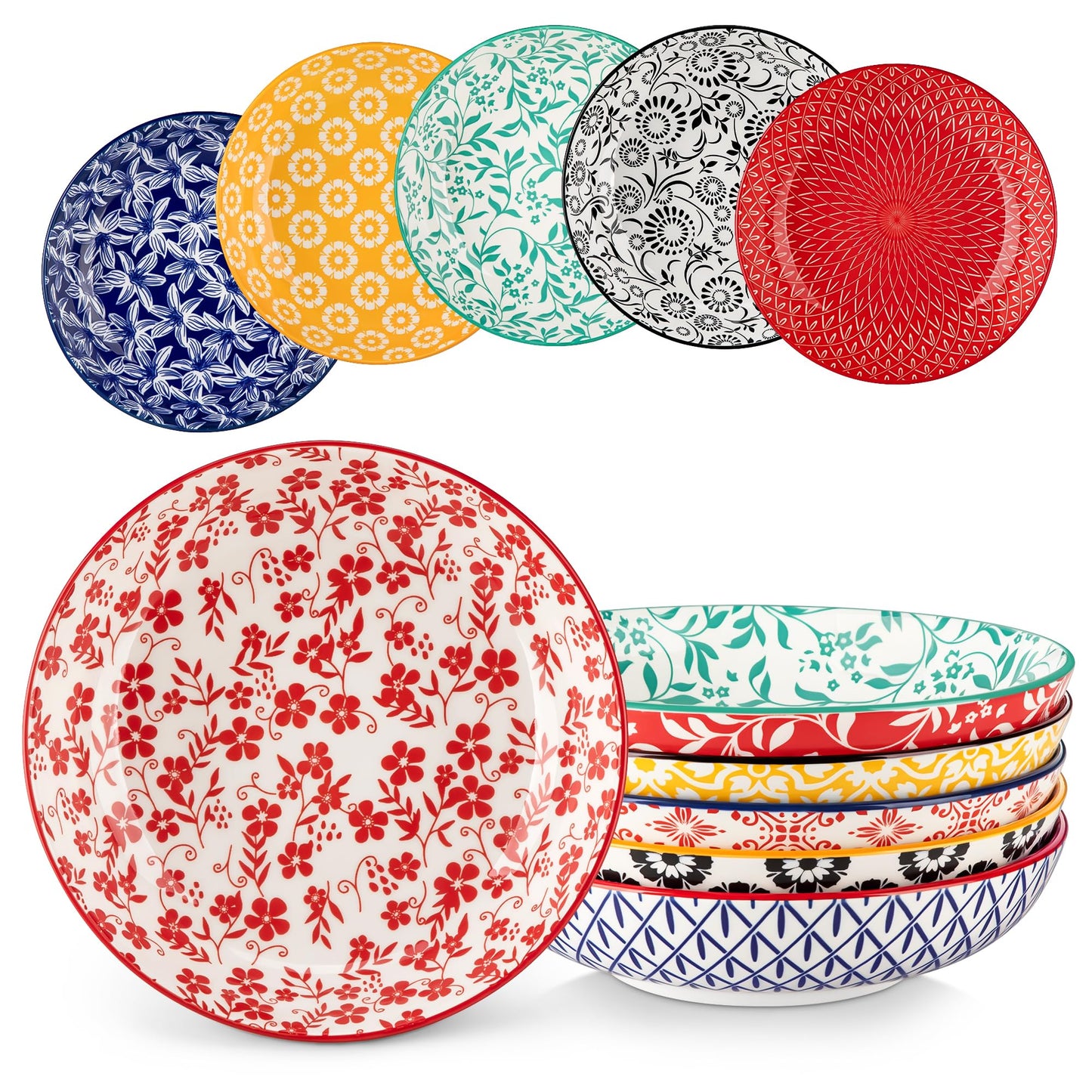 vancasso Selene 8.5" Pasta Bowls Set of 6, 40 oz Porcelain Shallow Salad Bowls, Serving Bowls Large Kitchen Bowl Plates Pasta Plates, Blue & White Floral Design, Microwave Safe