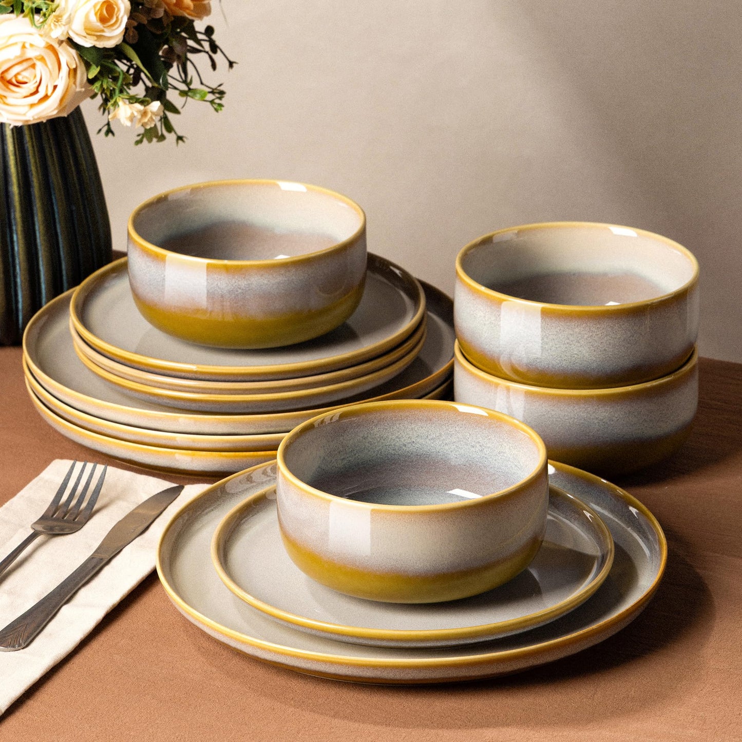 TheTerra Ceramic Dinnerware Sets for 4, 12 Pieces Handmade Reactive Glaze Plates and Bowls Set, Scratch Resistant Dish Set, Oven & Microwave & Dishwasher Safe
