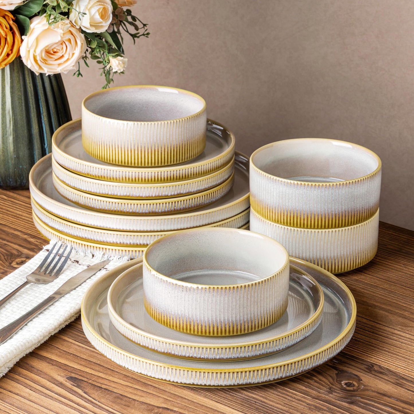TheTerra Ceramic Dinnerware Sets for 4, 12 Pieces Porcelain Lightweight Plates and Bowls Sets, Scratch Resistant Dish Set, Oven & Microwave & Dishwasher Safe, Beige