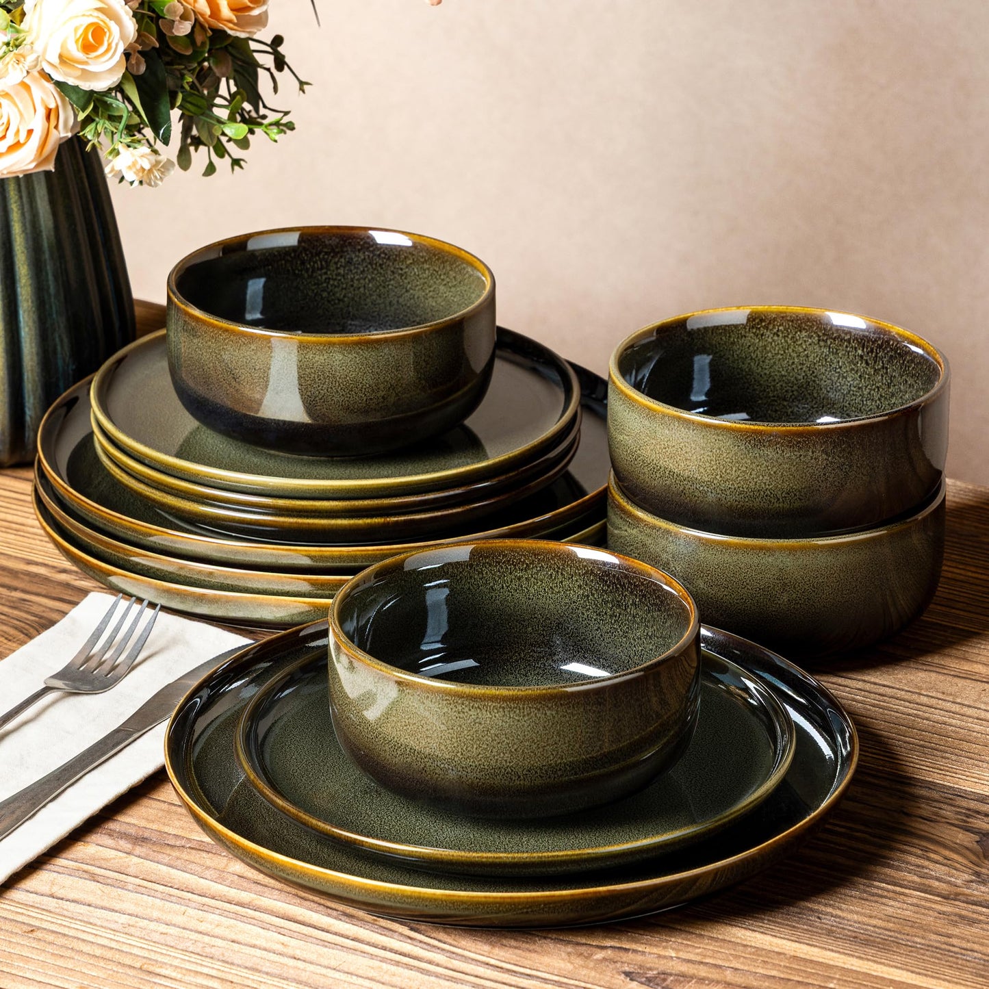 TheTerra Ceramic Dinnerware Sets for 4, 12 Pieces Handmade Reactive Glaze Plates and Bowls Set, Scratch Resistant Dish Set, Oven & Microwave & Dishwasher Safe