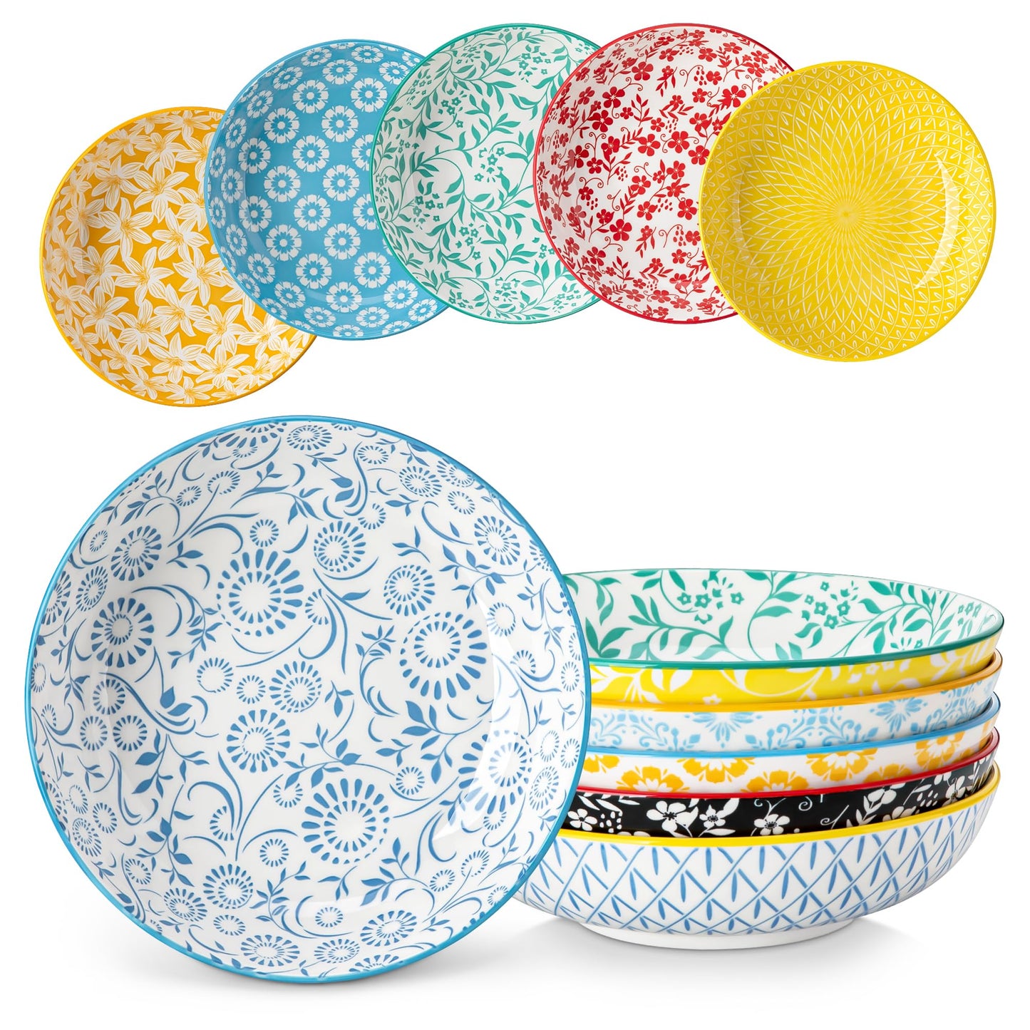 vancasso Selene 8.5" Pasta Bowls Set of 6, 40 oz Porcelain Shallow Salad Bowls, Serving Bowls Large Kitchen Bowl Plates Pasta Plates, Blue & White Floral Design, Microwave Safe